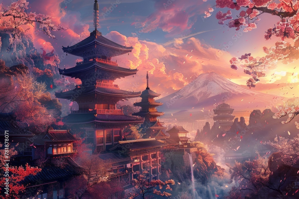 Obraz premium Japan fantasy style scene art. City landscape with sakura, oriental high buildings and mountain