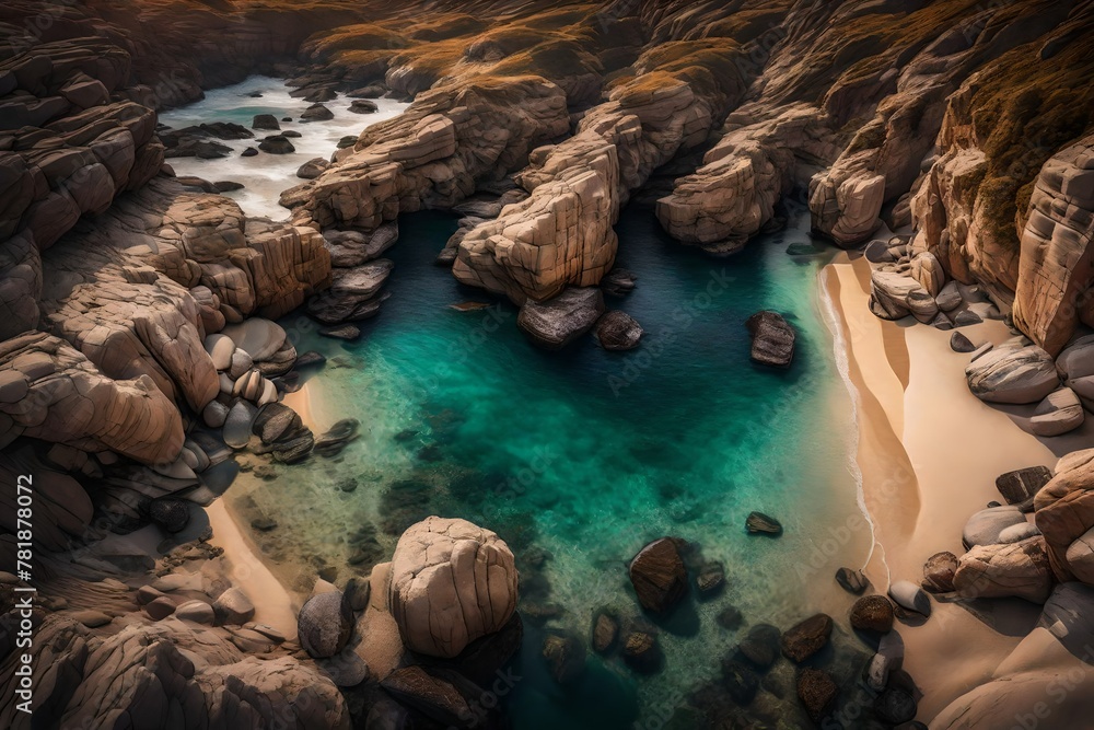 A secluded cove featuring soft sands surrounded by rugged rocks, the waves gently caressing the shore, all captured in breathtaking