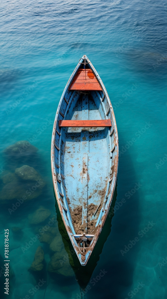 Vertical mobile banner of old wooden fishing boat floating on clear water on a calm lake, in a sunny day morning with bright blue sky Vertical mobile banner of old wooden fishing boat floating on clear water on a calm lake, in a sunny day morning with bright blue sky
