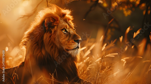 Close-Up Portrayal of a Majestic Lion Bathed in Sunlight in Its Natural Habitat