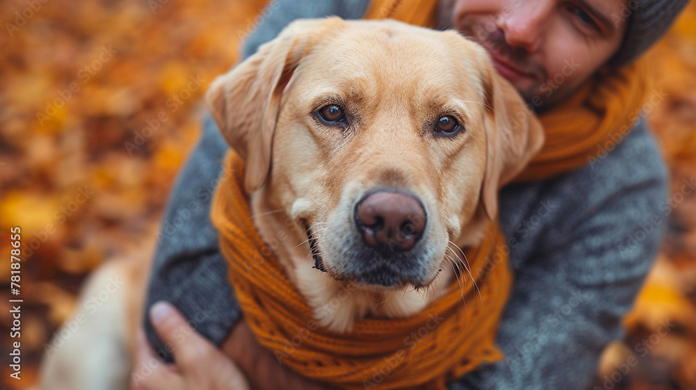 A man takes his dog for a walk, relaxing in the autumn sunlight. A man takes his dog for a walk, relaxing in the autumn sunlight.