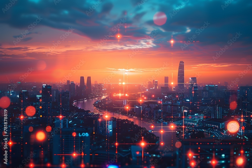 Fototapeta premium Urban Data Stream: Futuristic Cityscape with Digital Overlays and Glowing Lights