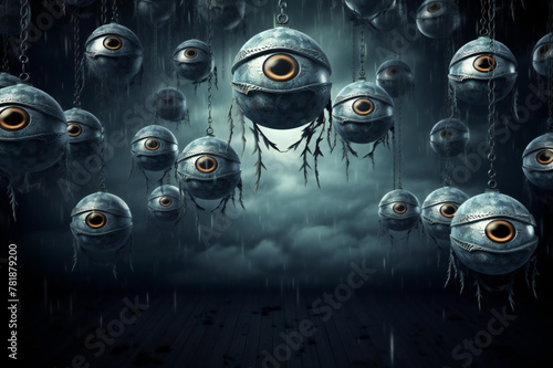 Eye Halloween pattern. Eyeball monster background. Flying human eyeball with bat wings. Halloween psychedelic pattern