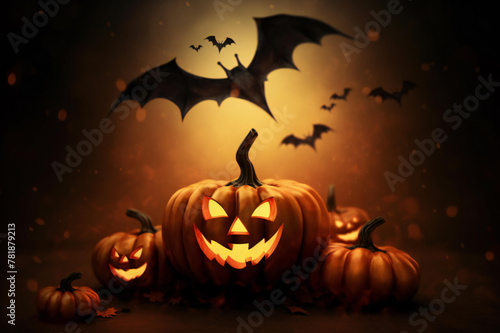 Halloween background with orange pumpkins with cut scary smile and flying bats. Scary night of Halloween. Halloween and decoration concept