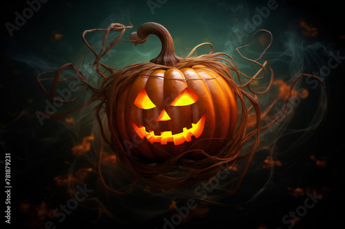 Halloween background with orange pumpkins with cut scary smile and flying bats. Scary night of Halloween. Halloween and decoration concept
