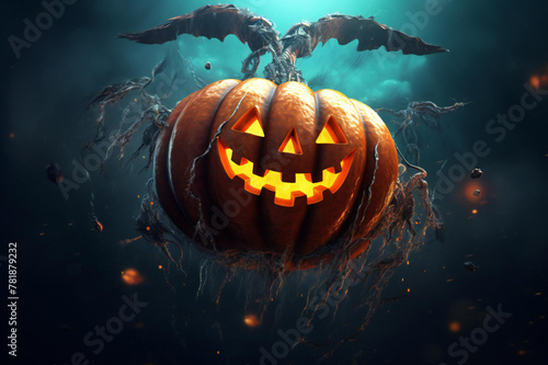Halloween background with orange pumpkins with cut scary smile and flying bats. Scary night of Halloween. Halloween and decoration concept