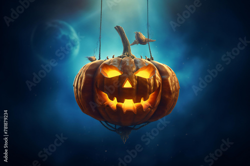Halloween background with orange pumpkins with cut scary smile and flying bats. Scary night of Halloween. Halloween and decoration concept