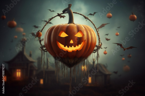 Halloween pumpkin head jack lantern with burning candles, Spooky Forest with a full moon and wooden table, Pumpkins In Graveyard In The Spooky Night - Halloween Backdrop