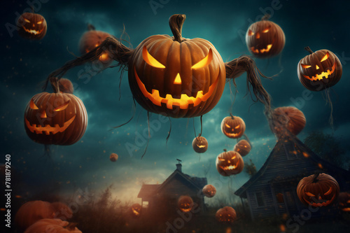 Halloween pumpkin head jack lantern with burning candles, Spooky Forest with a full moon and wooden table, Pumpkins In Graveyard In The Spooky Night - Halloween Backdrop