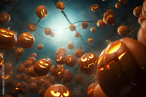 Halloween background with orange pumpkins with cut scary smile and flying bats. Scary night of Halloween. Halloween and decoration concept