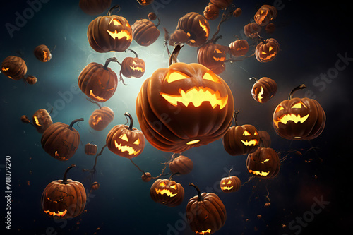 Halloween background with orange pumpkins with cut scary smile and flying bats. Scary night of Halloween. Halloween and decoration concept