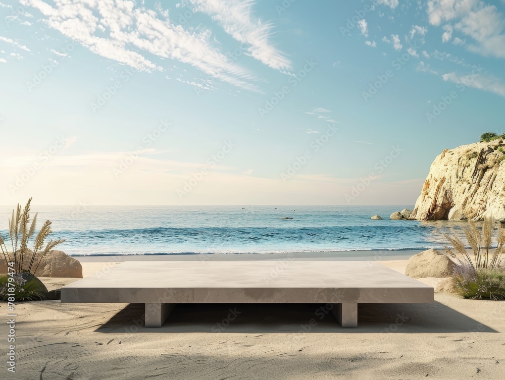 Fototapeta premium A modern minimalist concrete platform stands on a sandy beach with a tranquil view of the sea and rocky cliffs under a blue sky.