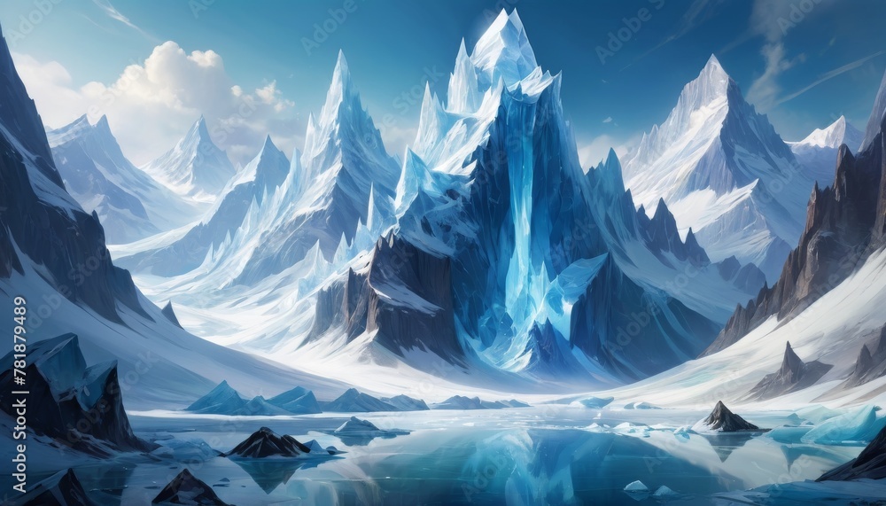 Majestic crystal-like mountains tower over a serene, frozen landscape ...