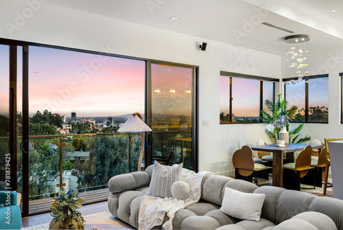 Modern Hollywood Hills home living room in Los Angeles, California, with a remodel of an older house photo