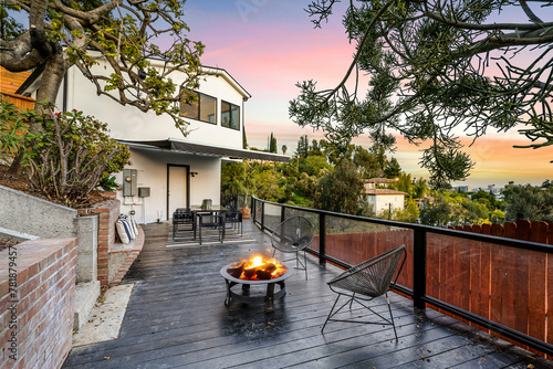 Modern Hollywood Hills home balcony in Los Angeles, California, with a remodel of an older house © Wirestock
