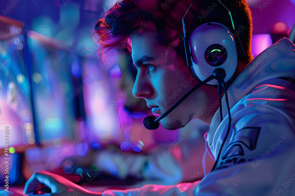 A lively esports tournament with players intensely focused on their monitors, competing in a team-based video game under vibrant stage lighting. A lively esports tournament with players intensely focused on their monitors, competing in a team-based video game under vibrant stage lighting.