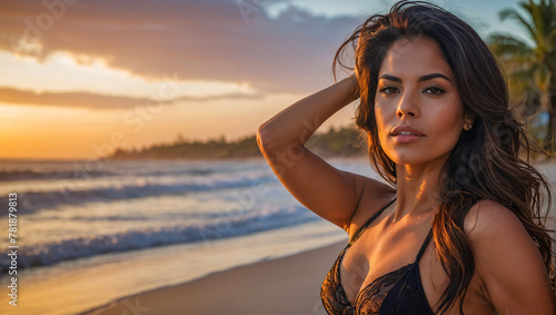stunning hispanic woman wearing a bikini on the beach with beautiful sunset in the background