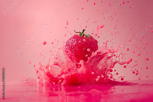 Vibrant pink-toned image capturing the dynamic splash of a strawberry plunging into pink painted liquid, creating lively droplets. Fruit melting on a hot summer day.