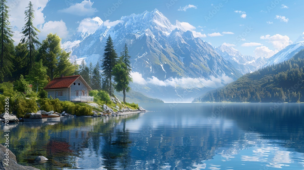 Fototapeta premium Serene Alpine Lakefront Retreat Generative AI