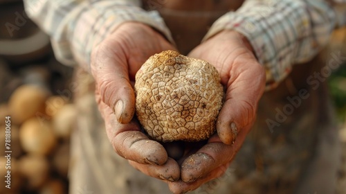 Big Italian white truffles (Tuber Magnatum) on hand. Haute cuisine delicacy photo