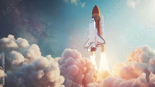 Rocket carrying space shuttle launches off,Rocket travelling, Rocket bursts up from clouds,rocket starts, starship takeoff process,Spaceship lift off. Space shuttle with smoke and blast takes off 
 photo