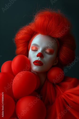 A person with clown makeup lies with eyes closed, surrounded by red balloons, evoking a dreamy, surreal atmosphere.
