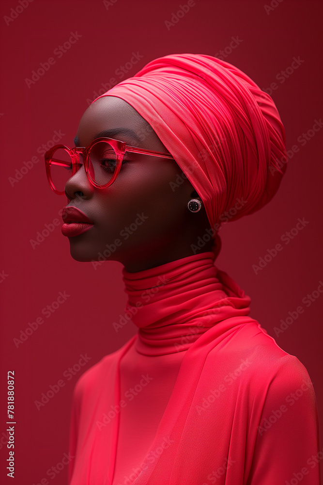 Serene profile of a woman in a red outfit and headwrap against a red backdrop. Serene profile of a woman in a red outfit and headwrap against a red backdrop.