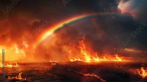 a rainbow appears amidst a raging fire, offering hope in the midst of destruction