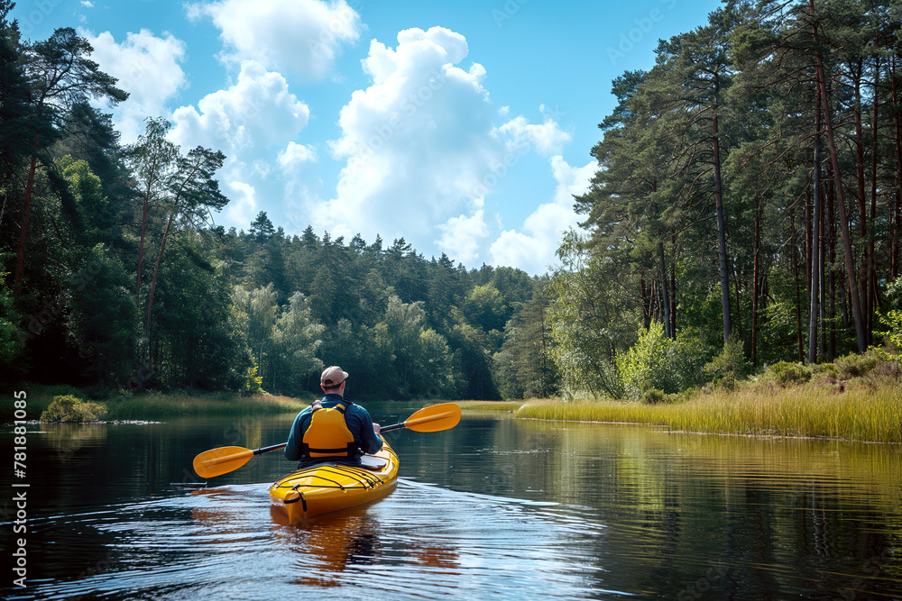 back of kayaker man is sailing on river on kayak in summer on forest background