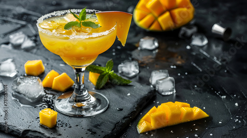 A glass of orange juice with a slice of pineapple on top. The glass is filled with ice cubes,Tropical fruit cocktail with mango on dark background photo