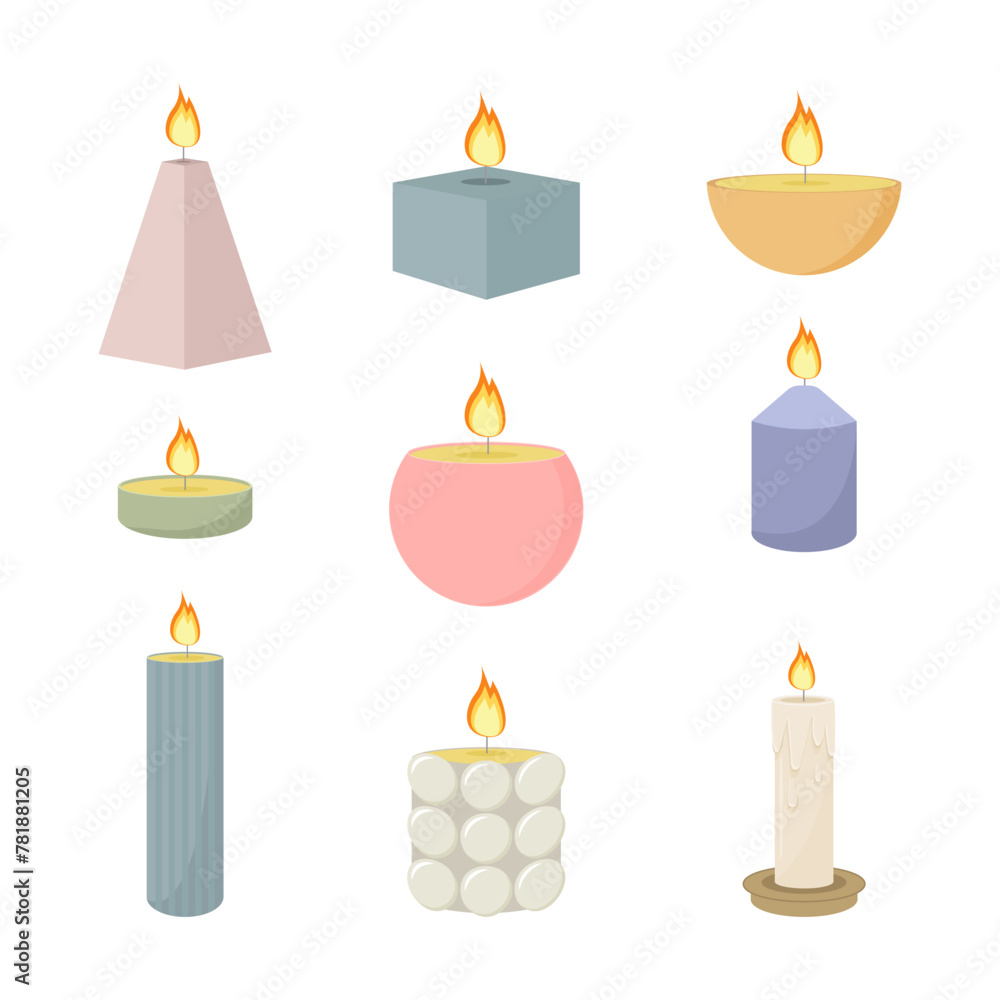Set of scented burning candles. Paraffin pillar candles. Aroma SPA candles collection. Zero waste gifts. Home decorative candles. Hand draw vector illustration isolated on white