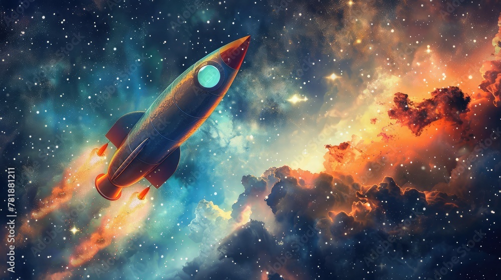 Rocket flying in starry space sky,Space scene with planets, stars and galaxies. Banner for web, panorama, horizontal view,Shuttle launch in the clouds to outer space. Dark space with stars 