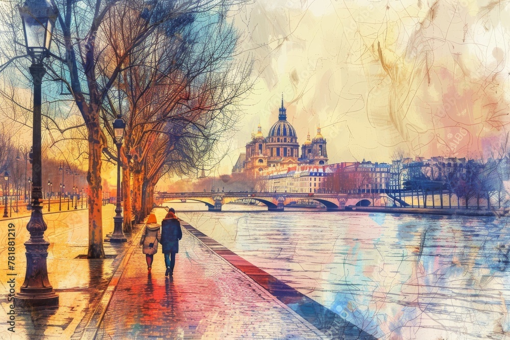 Obraz premium A Couple Strolls along the French Embankment, Bright Colors, Modern Art, Abstract Generative AI Illustration