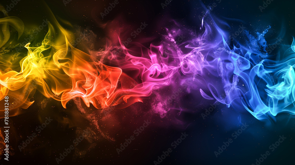Abstract rainbow fire, flaming in the dark background