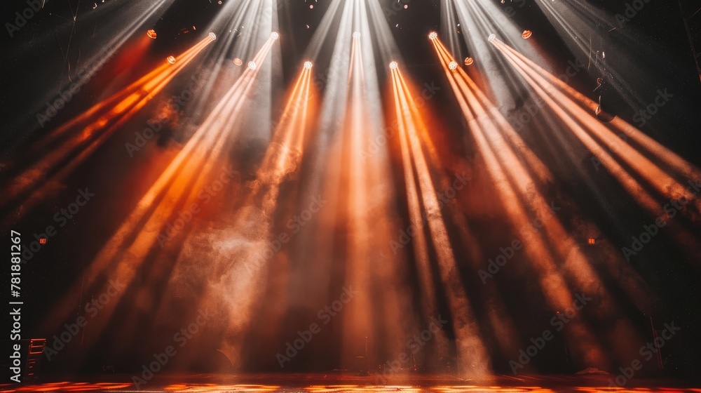 A dark empty stage with spotlights shining through the smoke in the background