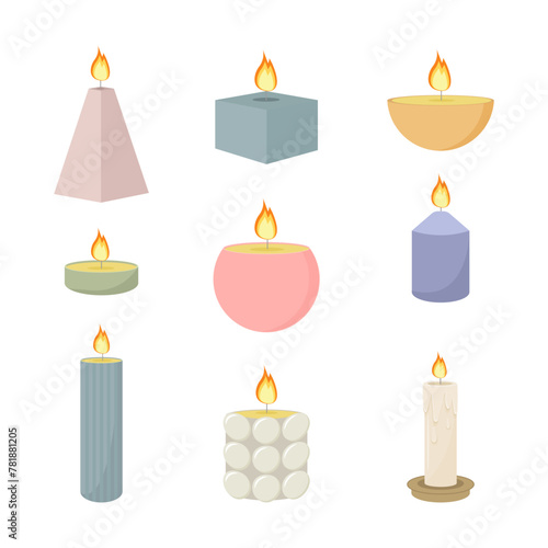 Obraz na płótnie Set of scented burning candles. Paraffin pillar candles. Aroma SPA candles collection. Zero waste gifts. Home decorative candles. Hand draw vector illustration isolated on white w salonie