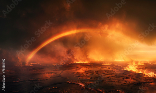 the juxtaposition of a burning landscape and the tranquil hues of a distant rainbow