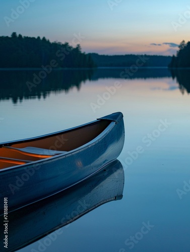 Reflection of canoe on calm lake, twilight, mirror image in still waters, closeup, tranquil paddling moment , up32K HD