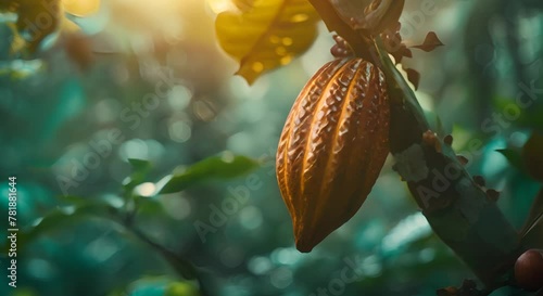 Fresh cacao beans on a blurred lush jungle background, dark and mysterious photo