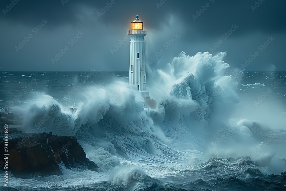 Lighthouse standing strong amidst tumultuous sea waves