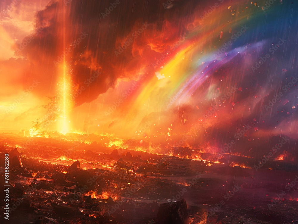 Rainbow backdrop into a tale of love and loss amidst a world consumed by flames Rainbow backdrop into a tale of love and loss amidst a world consumed by flames