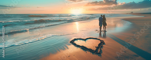 Romantic gesture unfolds as one partner surprises the other with a heart drawn in the sand on a secluded beach photo