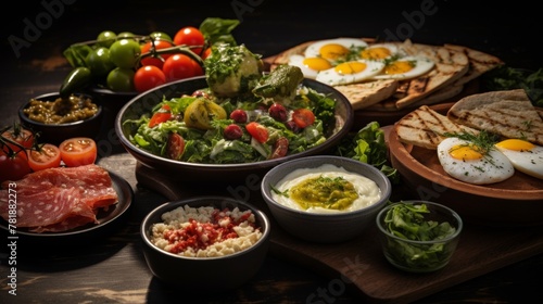 Mediterranean breakfast spread with various items