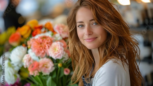 Young Woman Smiling at Flower Shop