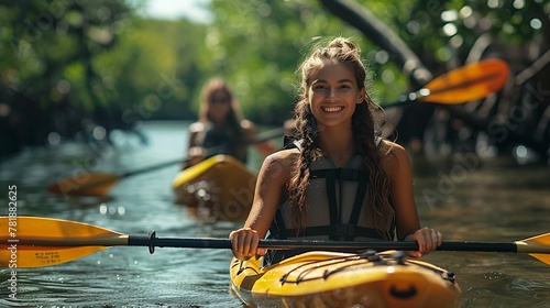 Smiling Young Woman Kayaking in River Mangroves