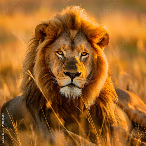Close-Up Portrayal of a Majestic Lion Bathed in Sunlight in Its Natural Habitat © Sara