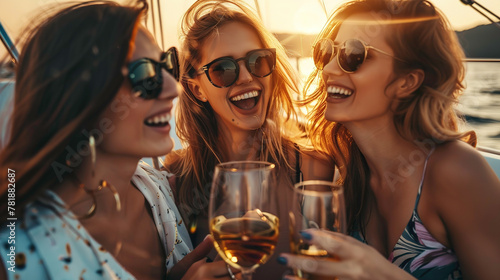 photo of three beautiful smiling women in sunglasses, on yacht boat with wine glasses