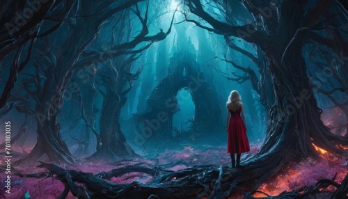 A woman in a striking red cloak stands in a twisted, otherworldly forest, creating a stark contrast with the dark, magical environment.. AI Generation