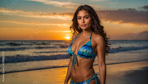 stunning hispanic woman wearing a bikini on the beach with beautiful sunset in the background © The A.I Studio