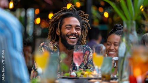 Joyful Man Laughing at Outdoor Restaurant